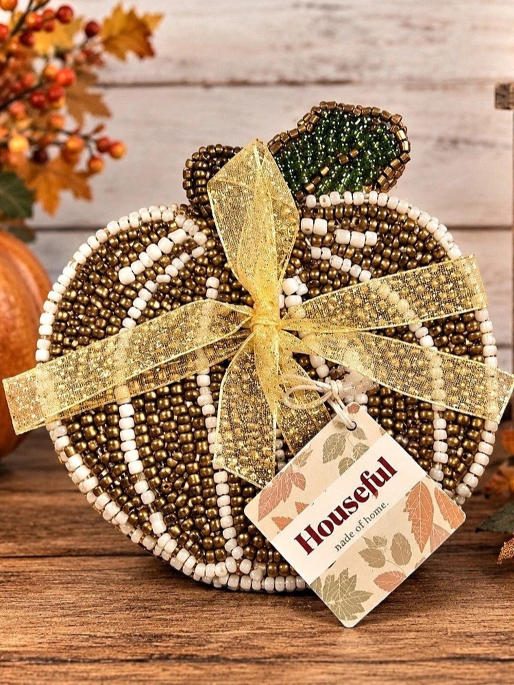 Houseful Beaded Pumpkin Holiday Decor in Brown & Gold NWT